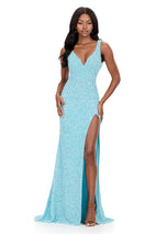 ASHLEYlauren Open Back Fitted Beaded Prom Dress 12243