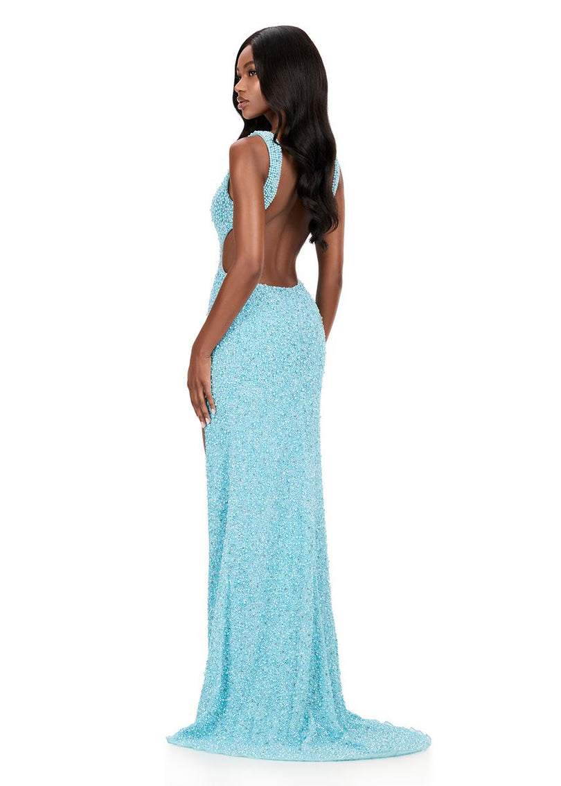 ASHLEYlauren Open Back Fitted Beaded Prom Dress 12243