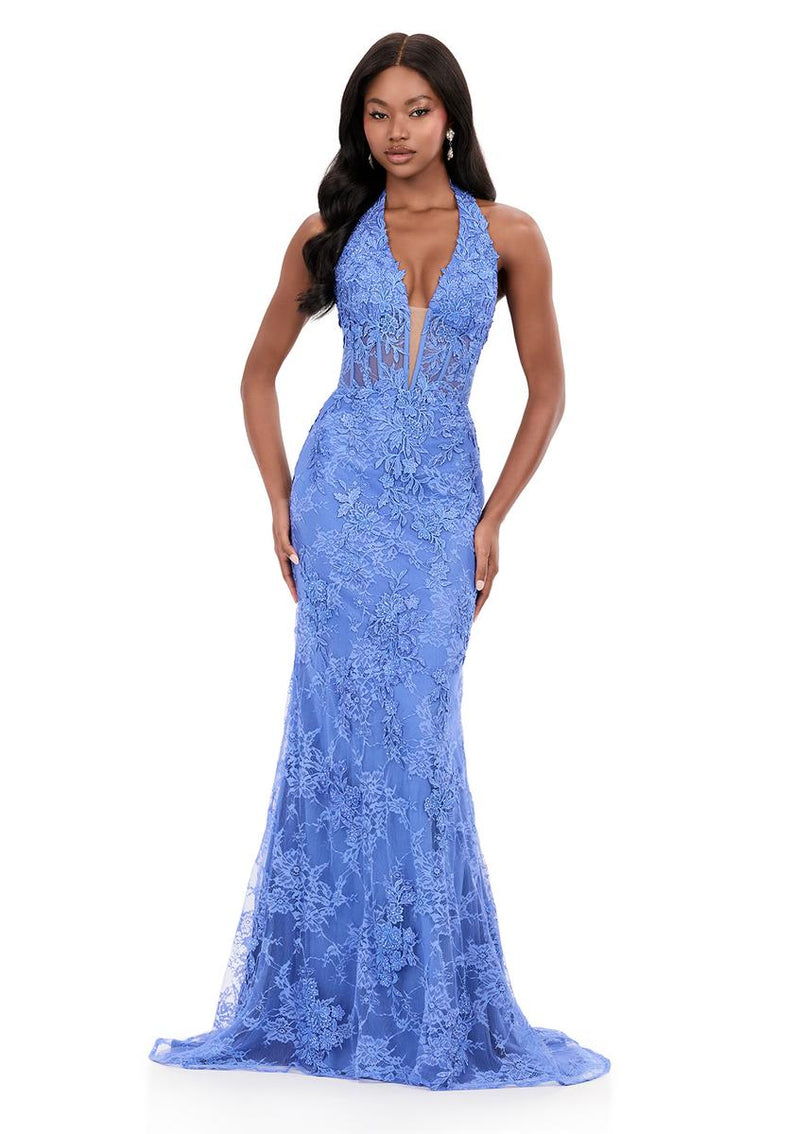 ASHLEYlauren Halter Floral Lace Prom Dress 12251