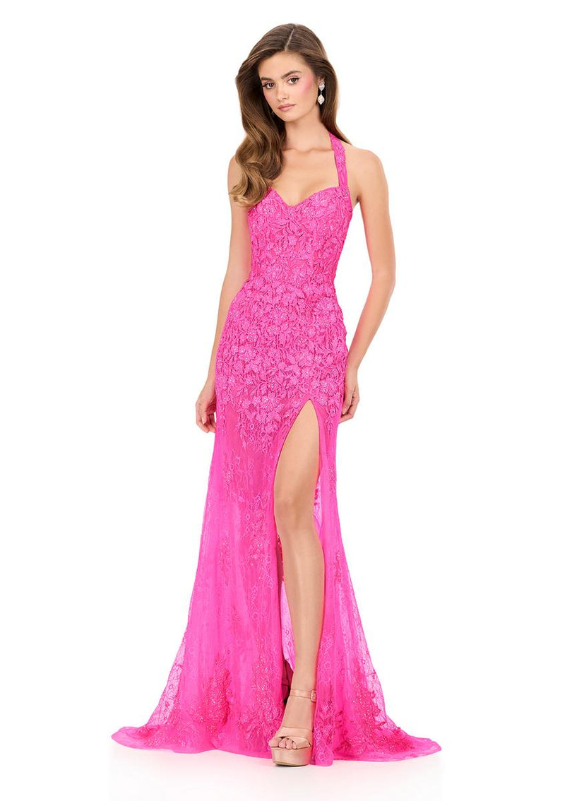 ASHLEYlauren Halter Fitted Lace Prom Dress 12256