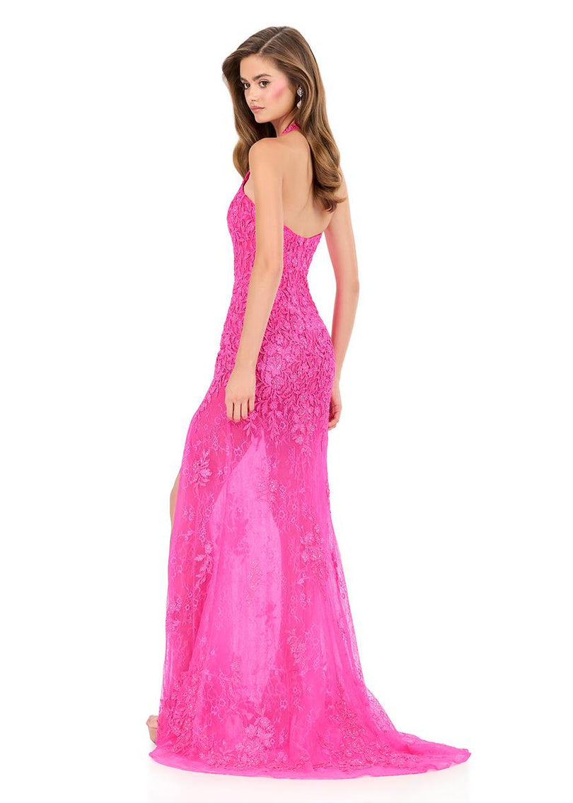 ASHLEYlauren Halter Fitted Lace Prom Dress 12256