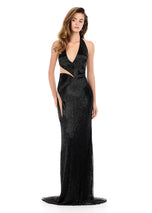 ASHLEYlauren Beaded Halter Cut Out Prom Dress 12263