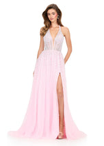 ASHLEYlauren Beaded Tulle Halter Prom Dress 12268