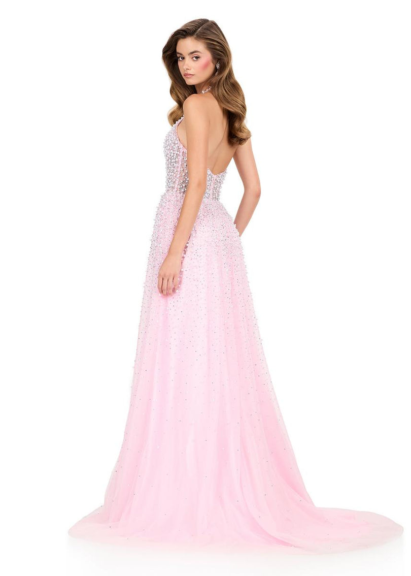 ASHLEYlauren Beaded Tulle Halter Prom Dress 12268