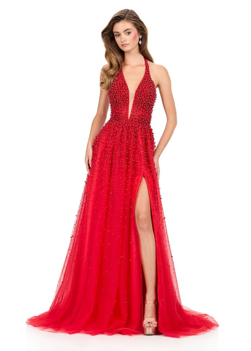 ASHLEYlauren Beaded Tulle Halter Prom Dress 12268