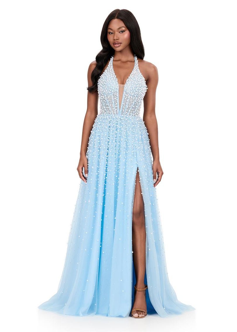 ASHLEYlauren Beaded Tulle Halter Prom Dress 12268