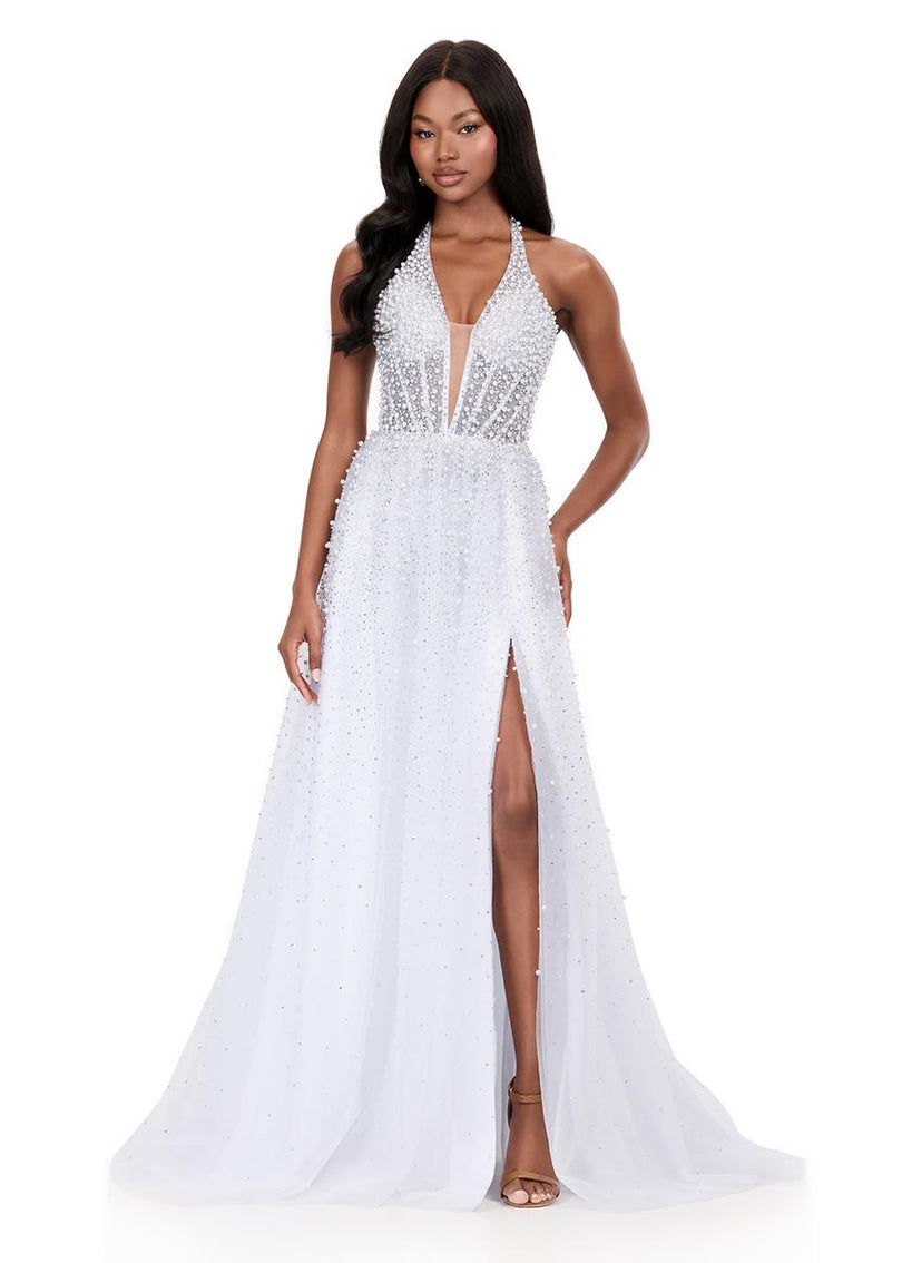 ASHLEYlauren Beaded Tulle Halter Prom Dress 12268
