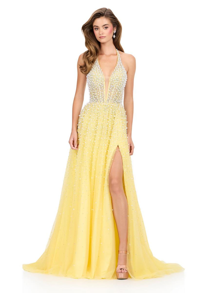ASHLEYlauren Beaded Tulle Halter Prom Dress 12268