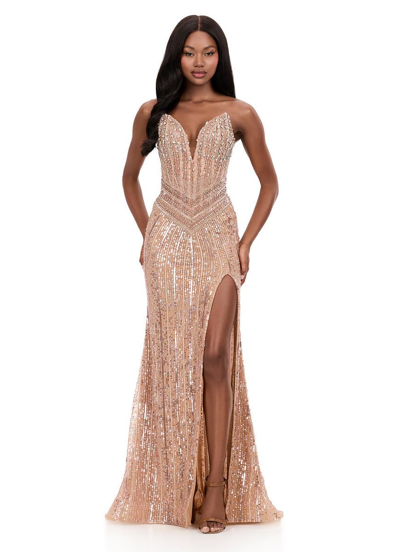 rose gold beaded prom dress Long Sequins Metallic Prom Dress by LaDivine CF199 main image 0