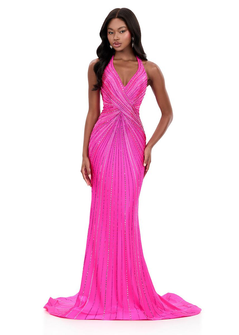 ASHLEYlauren Hot Stone Halter Prom Dress 12327