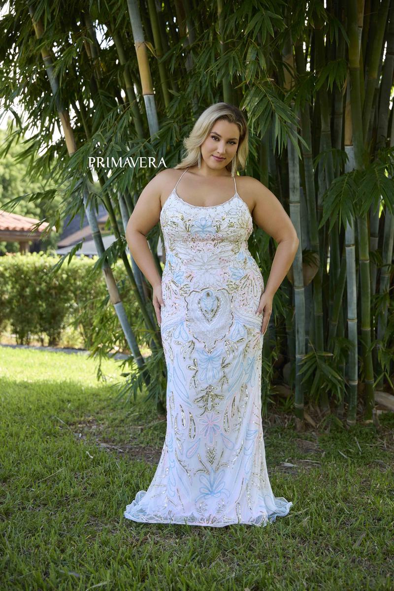 Curvy by Primavera Fitted Lace Up Beaded Prom Dress 147074 Curvy by Primavera Fitted Lace Up Beaded Prom Dress 147074