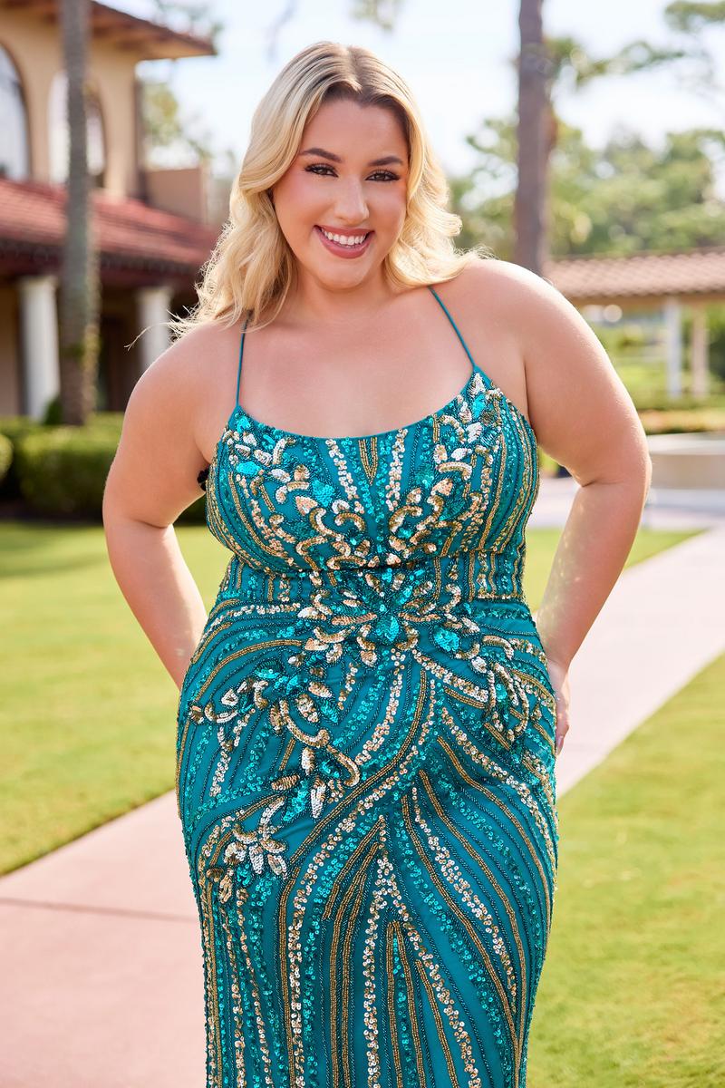 Curvy by Primavera Swirl Beadwork Fitted Prom Dress 14101