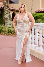 Curvy by Primavera Open Back Fitted Prom Dress 14104Curvy by Primavera 14104 fitted prom dress with plunging neckline, fully beaded bodice, high slit, side cutouts, and open lace-up upper back.