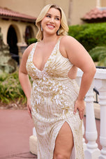 Curvy by Primavera Open Back Fitted Prom Dress 14104Curvy by Primavera 14104 fitted prom dress with plunging neckline, fully beaded bodice, high slit, side cutouts, and open lace-up upper back.