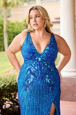 Curvy by Primavera Open Back Fitted Prom Dress 14104Curvy by Primavera 14104 fitted prom dress with plunging neckline, fully beaded bodice, high slit, side cutouts, and open lace-up upper back.