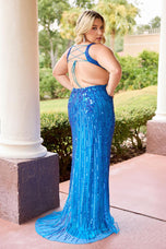 Curvy by Primavera Open Back Fitted Prom Dress 14104Curvy by Primavera 14104 fitted prom dress with plunging neckline, fully beaded bodice, high slit, side cutouts, and open lace-up upper back.