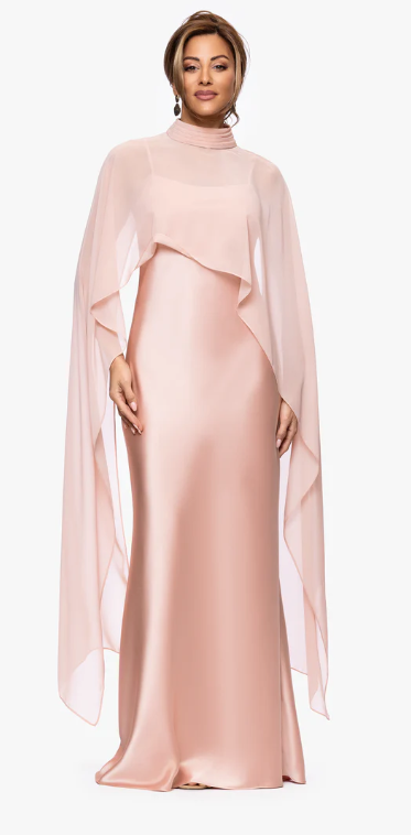 Xscape Evenings Satin Long Dress with Removable Shawl 7521X