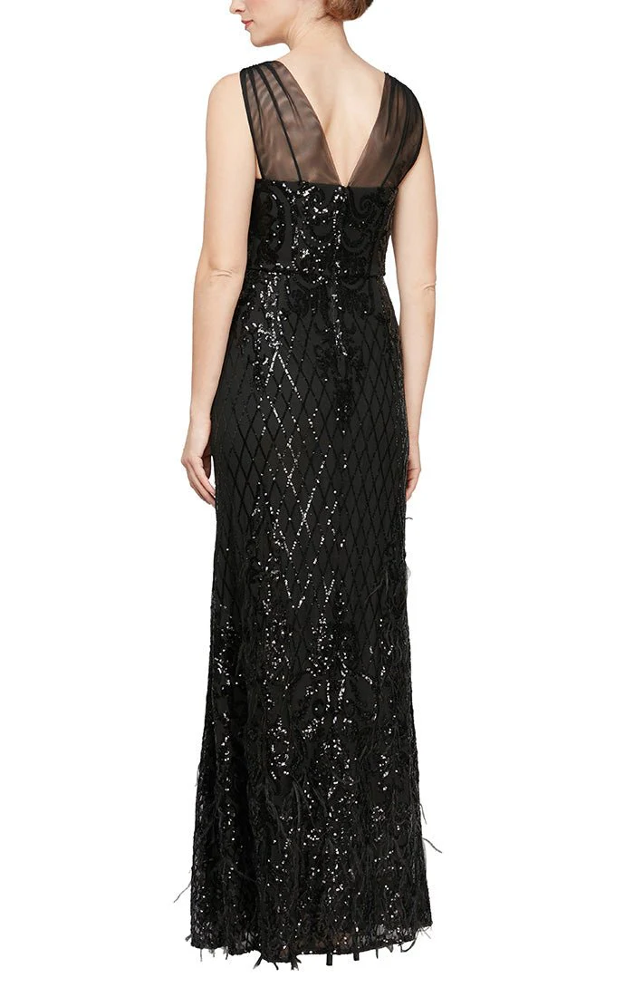 Alex Evenings Sleeveless Sequin Dress feather skirt 8196715 Alex Evenings Sleeveless Sequin Dress feather skirt 8196715