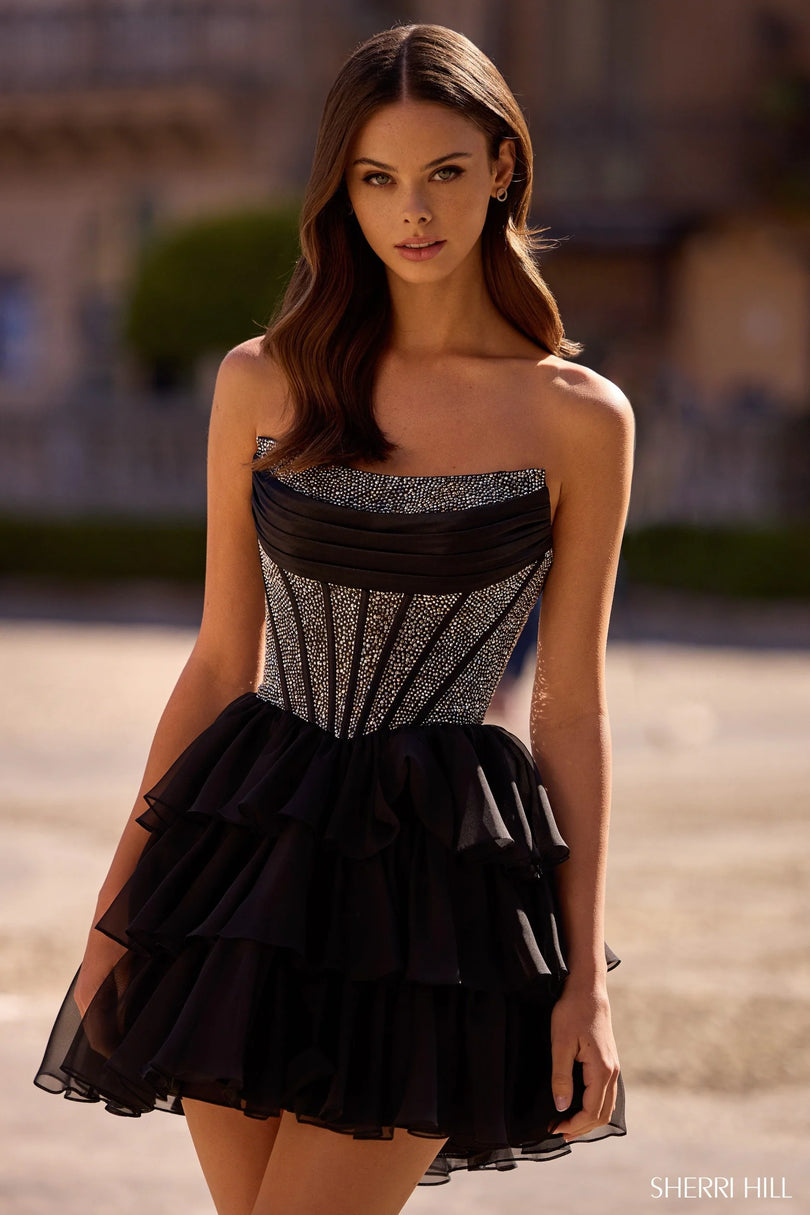 Sherri Hill Strapless Corset Ruffle Homecoming Dress 57404