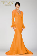 Terani Long Sleeve Feather Dress 231P0074