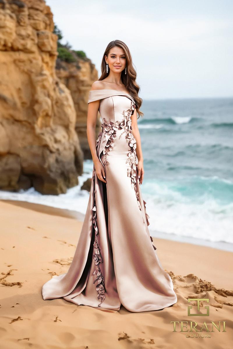 Terani Couture Off Shoulder Crepe Evening Dress 252M5317 Terani Couture Off Shoulder Crepe Evening Dress 252M5317