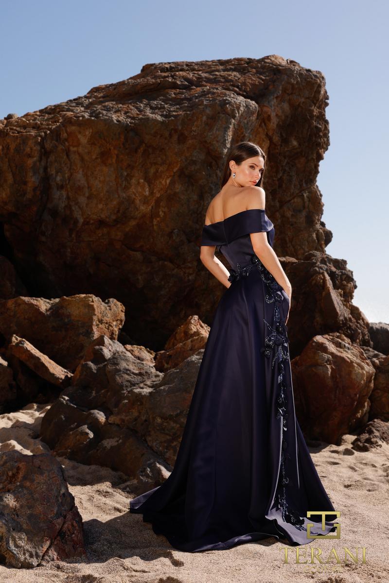 Terani Couture Off Shoulder Crepe Evening Dress 252M5317 Terani Couture Off Shoulder Crepe Evening Dress 252M5317
