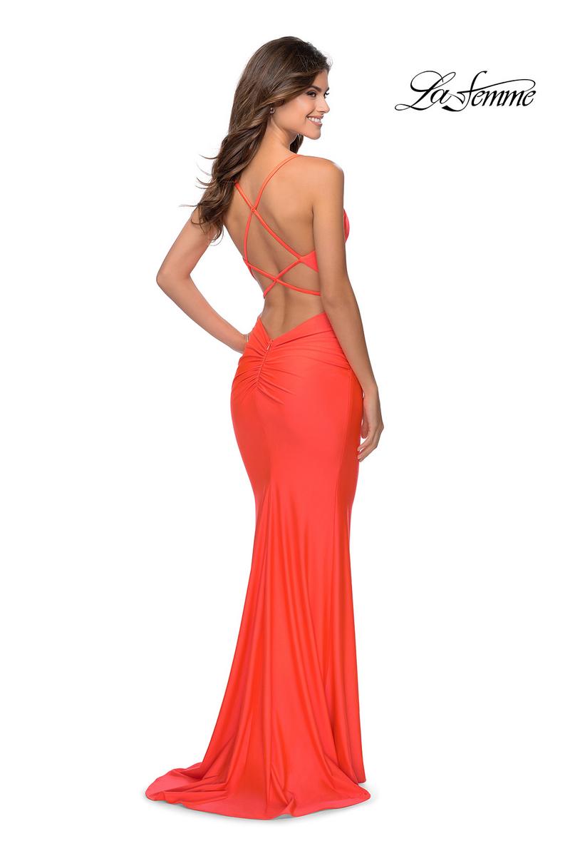 La Femme Long Fitted Open Back Dress 29020 Neon Pink / 00 La Femme Long Fitted Open Back Dress 29020 Neon Pink / 00