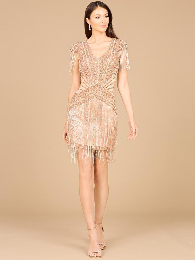 Lara Beaded Fringe Short Dress with Cap Sleeves 29123 Lara Beaded Fringe Short Dress with Cap Sleeves 29123