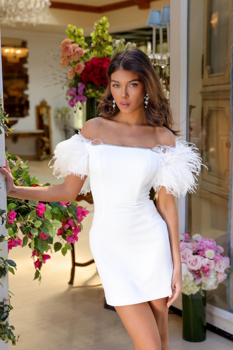 Ava Presley Off Shoulder Feather Homecoming Dress 29124 Ava Presley Off Shoulder Feather Homecoming Dress 29124