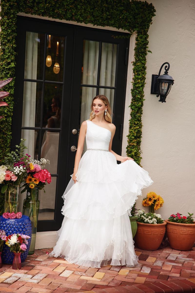 white tiered ruffle dress Ava Presley One Shoulder Tiered Ruffle Ball Gown 29131 Coral / 8
