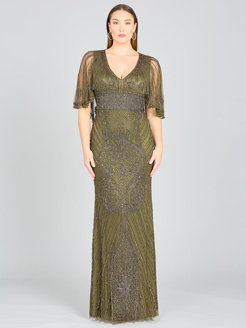 Lara Cape Sleeve V-Neck Beaded Evening Gown 29356 Lara Cape Sleeve V-Neck Beaded Evening Gown 29356