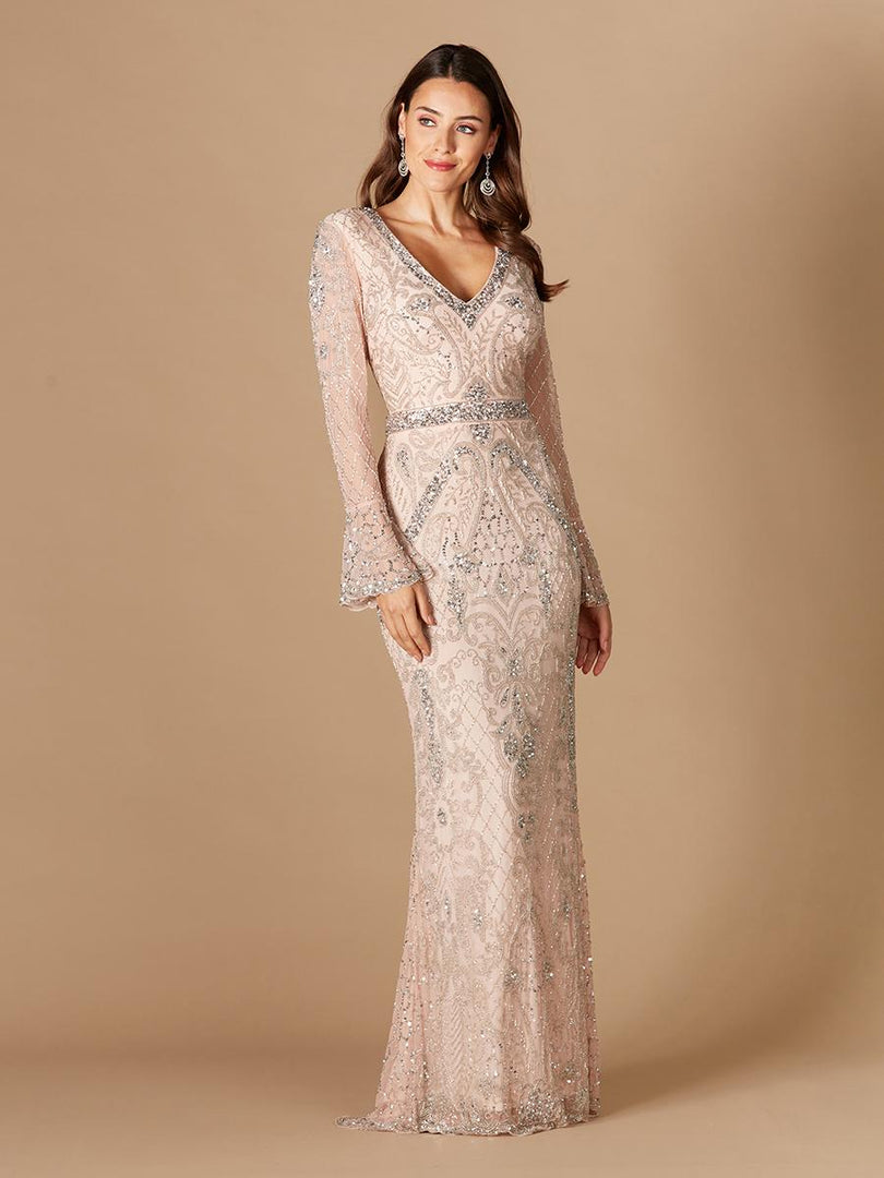 Lara Long Bell Sleeve V-Neck Beaded Evening Gown 29358 Lara Long Bell Sleeve V-Neck Beaded Evening Gown 29358