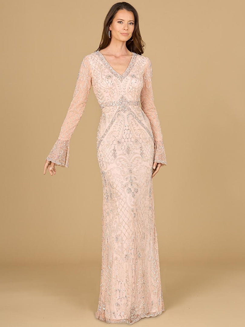 Lara Long Bell Sleeve V-Neck Beaded Evening Gown 29358