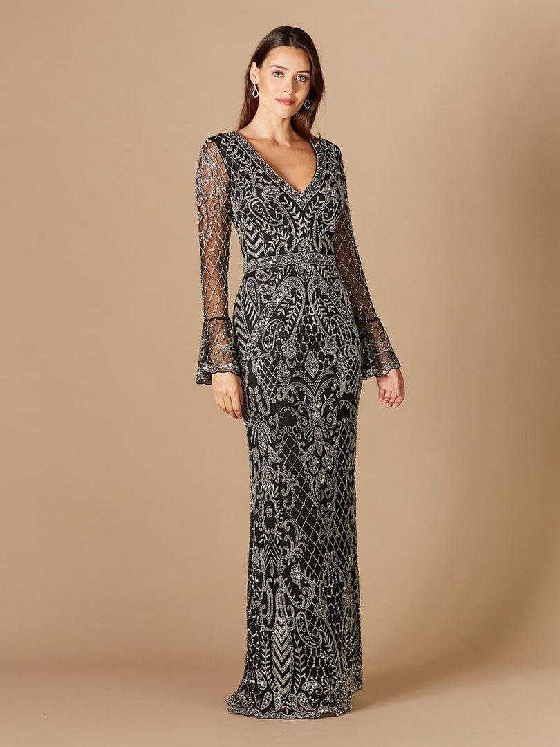 Lara Long Bell Sleeve V-Neck Beaded Evening Gown 29358 Lara Long Bell Sleeve V-Neck Beaded Evening Gown 29358