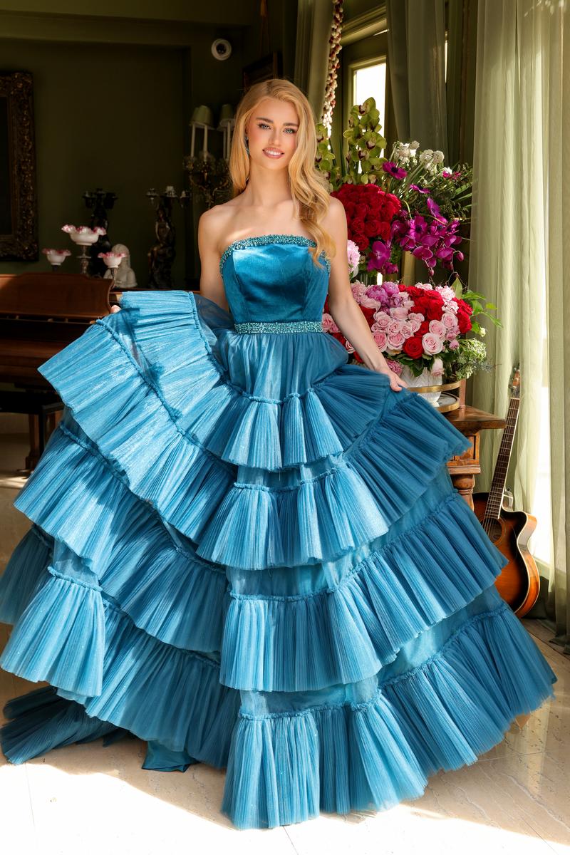 Ava Presley Strapless Tiered Tulle Prom Dress 29529 Teal / 4 Ava Presley Strapless Tiered Tulle Prom Dress 29529 Teal / 4