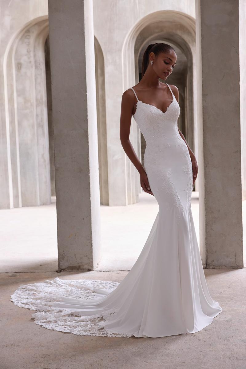 Morilee Amaris Crepe & Lace Sheath Bridal Gown with Straps Morilee Amaris Crepe & Lace Sheath Bridal Gown with Straps