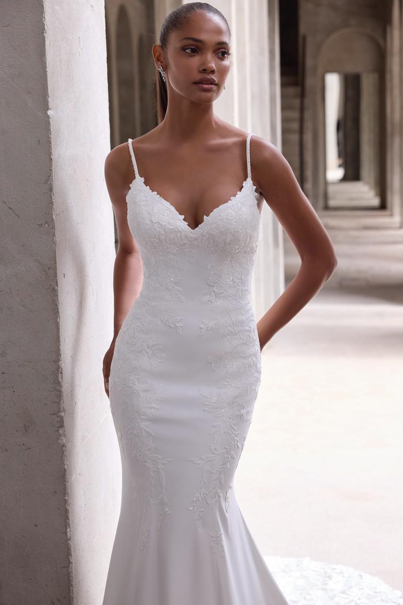 Morilee "Amaris" Crepe & Lace Sheath Bridal Gown with Straps