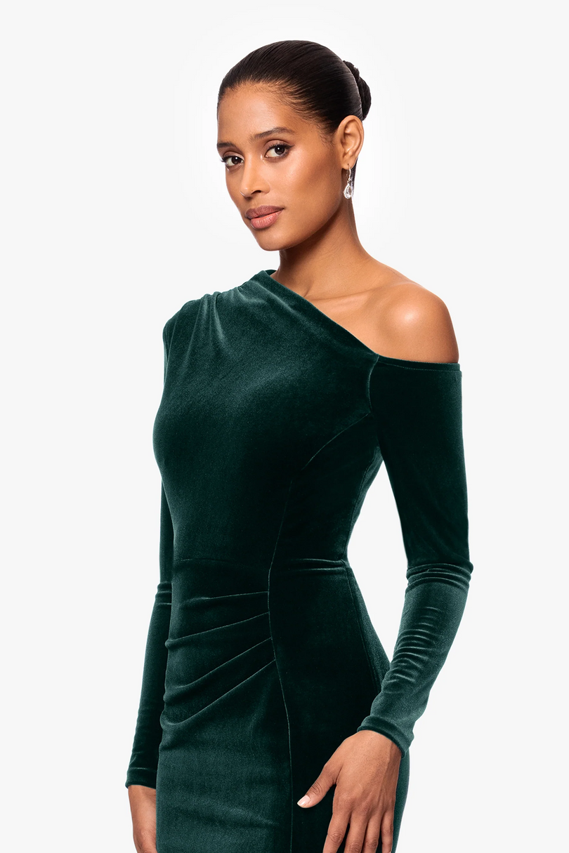 Betsy & Adam Women's One-Shoulder Long Sleeve Velvet Gown - Green - Gowns Betsy & Adam Women's One-Shoulder Long Sleeve Velvet Gown - Green - Gowns