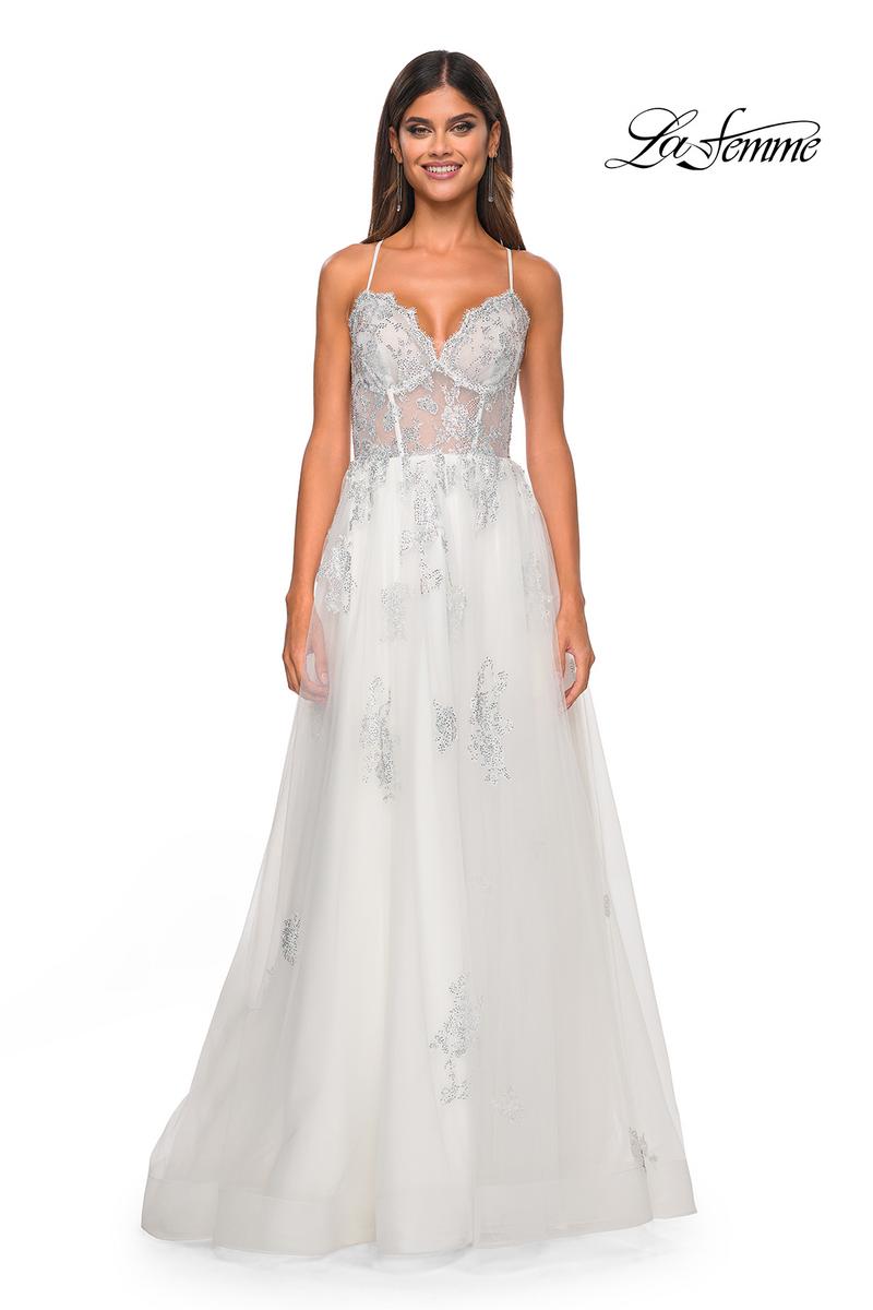 la femme white lace dress LA FEMME BRIDAL Style #B1356