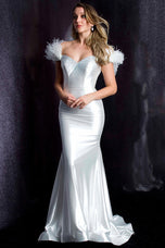 Ava Presley Feather Off-The-Shoulder Satin Prom Dress 37310