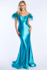 Ava Presley Feather Off-The-Shoulder Satin Prom Dress 37310