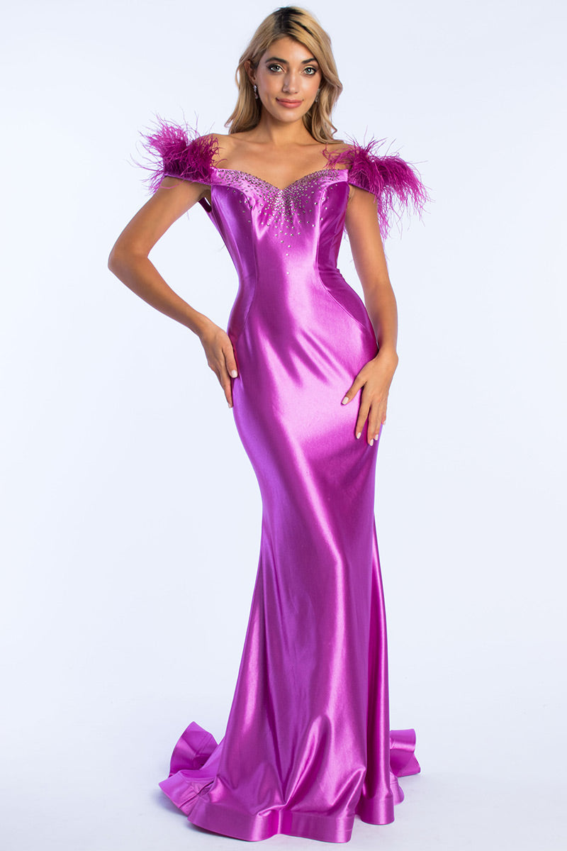 Ava Presley Feather Off-The-Shoulder Satin Prom Dress 37310