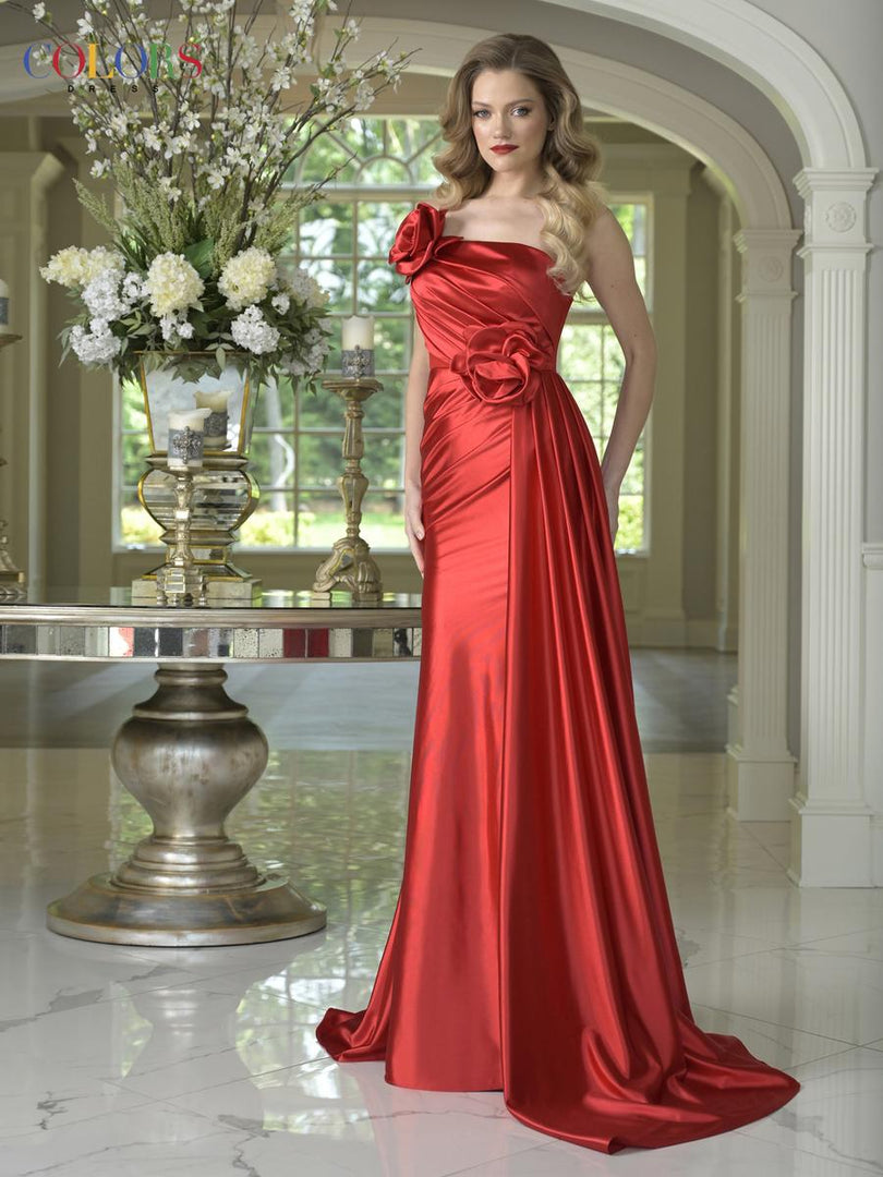 red rosette dress Adrianna Papell Off-shoulder Bell Sleeve Rosette Gown