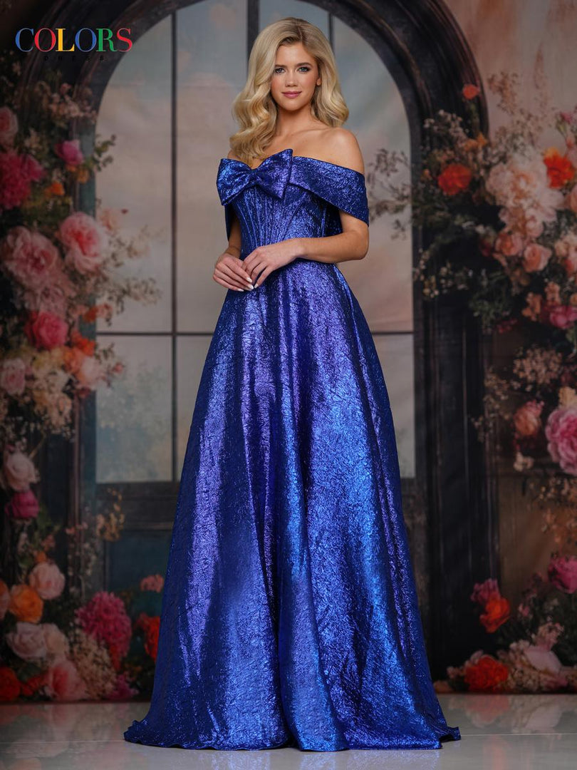Colors Dress Off The Shoulder Metallic  Prom Dress 3792