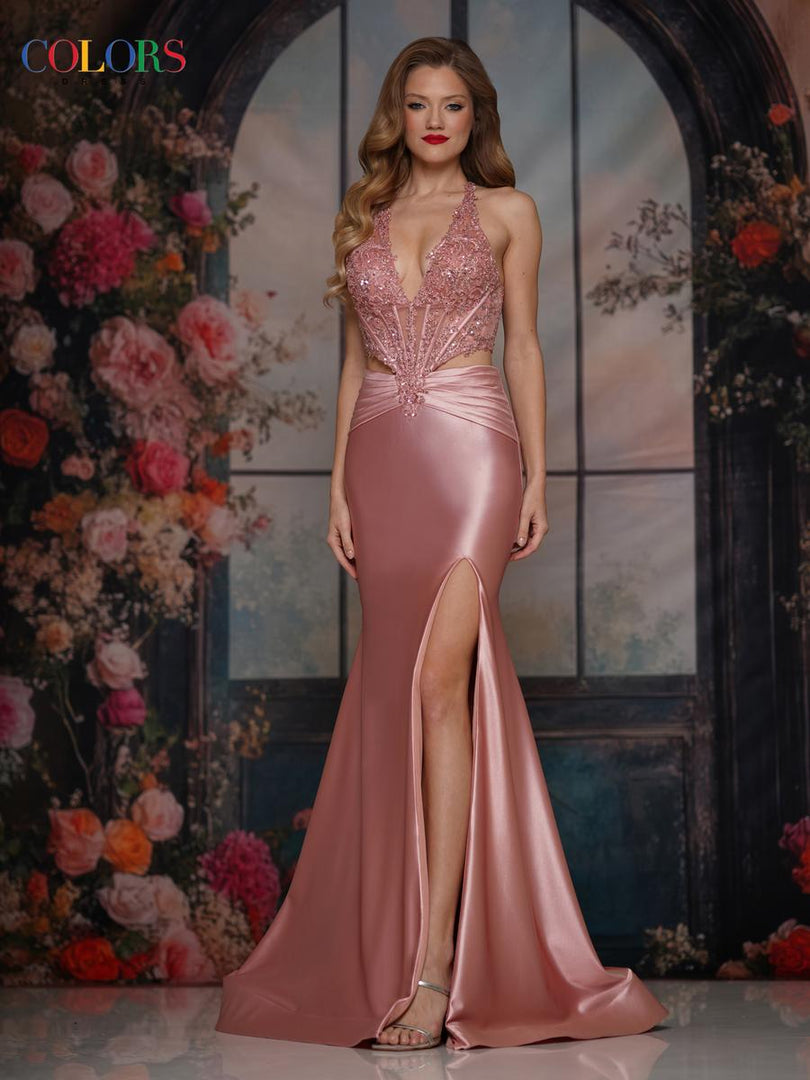 Colors Dress Halter Side Cutouts Fitted Prom Dress 3918