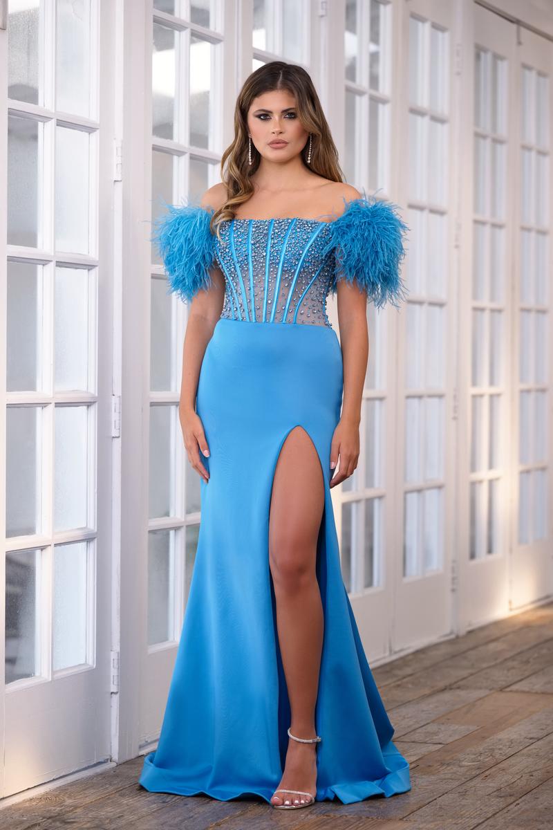 Ava Presley Feather Shoulder Long Prom Dress 39279