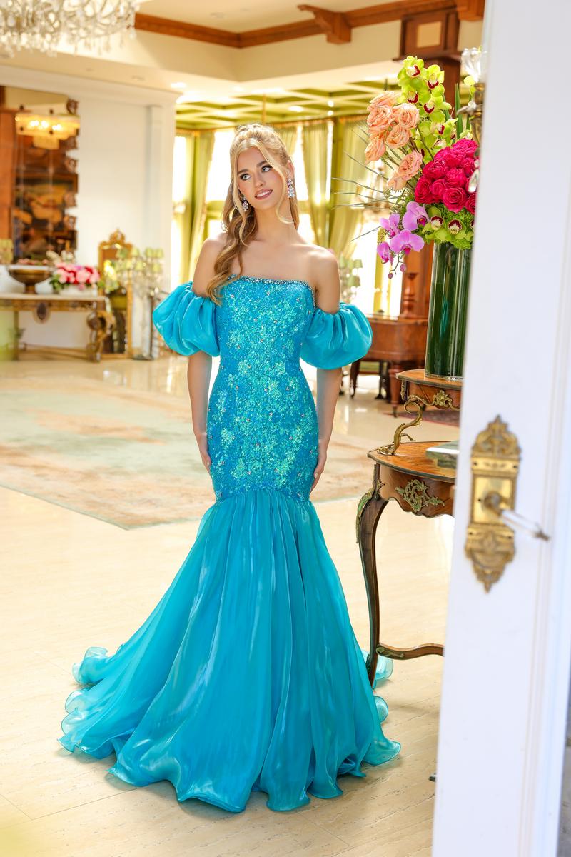 turquoise mermaid prom dresses Custom Turkey Feathers Horsehair Long Train Mermaid Prom Dress