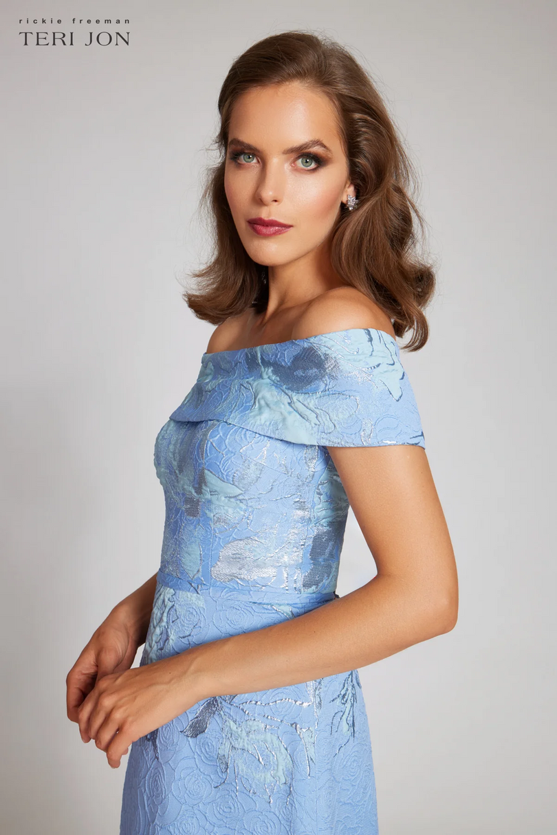 Teri Jon Floral Jacquard Off the Shoulder Gown 217048 Teri Jon Floral Jacquard Off the Shoulder Gown 217048