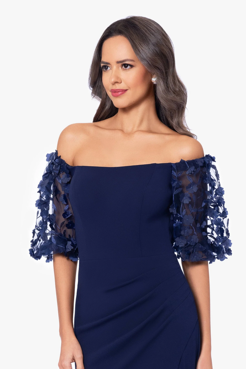 Xscape "Melanie" 3D Floral Sleeve Scuba Crepe Gown 3720X Xscape "Melanie" 3D Floral Sleeve Scuba Crepe Gown 3720X