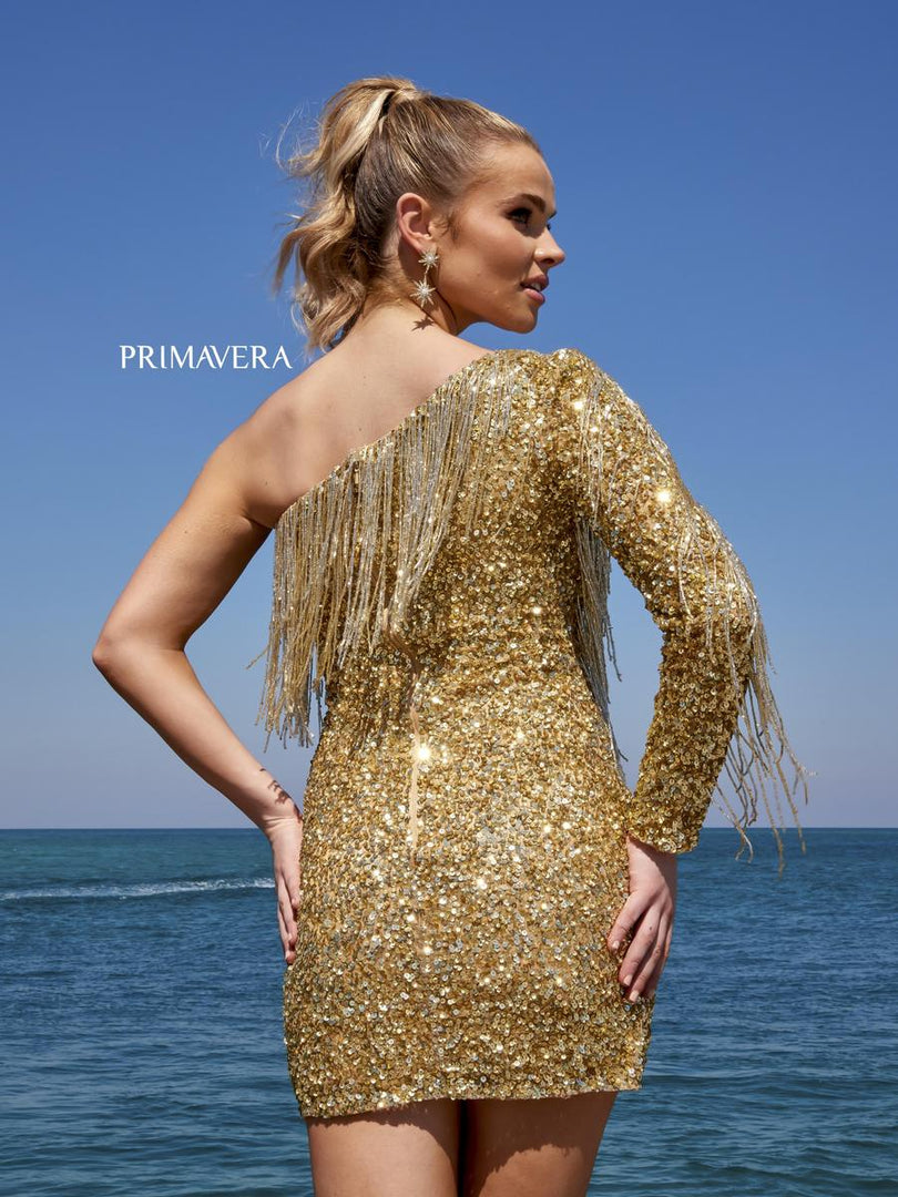 Shop Jovani 616841 Gold One Shoulder Fringe Short Dress in